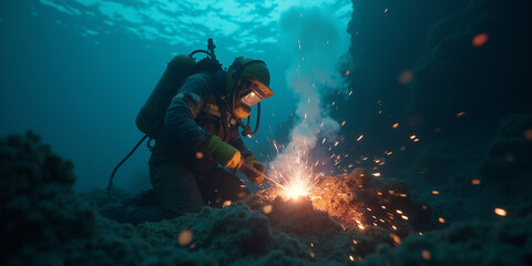 an underwater welder doing his job in the depths of the sea. The welder should be depicted wearing a special safety suit