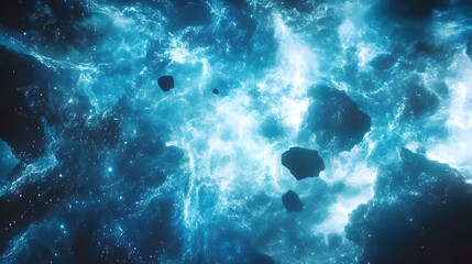 Fototapeta premium A vibrant cosmic scene featuring swirling blue hues and dark celestial rocks, evoking the mysteries of the universe.