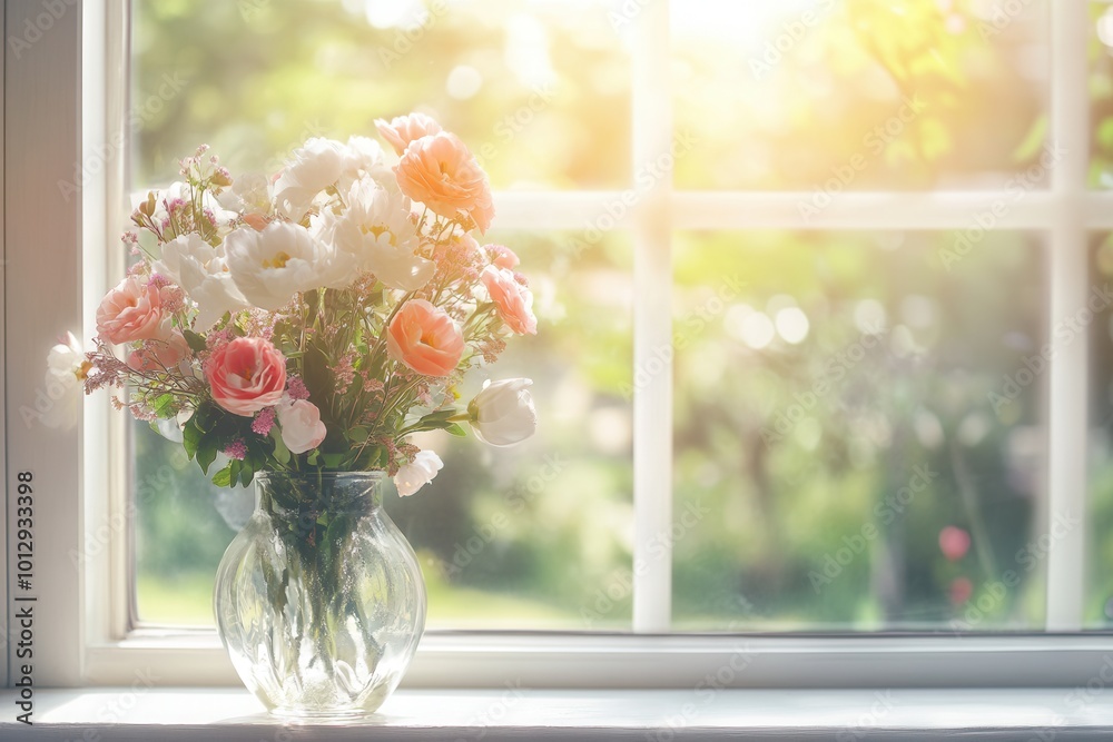 Canvas Prints Brightly colored flowers in a glass vase enhance the tranquil atmosphere of a sunlit room, creating a peaceful ambiance. Generative AI