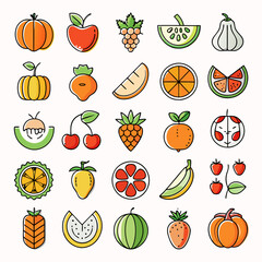 Fresh Fruit Vector Icons Set - Isolated Illustrations for Design Projects