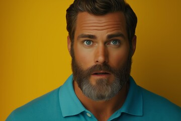 Man with a beard and blue shirt. He has a blue shirt on. man with a beard, wearing a blue polo shirt, is shocked and surprised, isolated on a yellow background with copy space