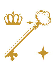A golden key with a crown and stars, symbolizing success and achievement.