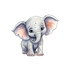 Fototapeta premium A smiling gray elephant is sitting down. Suitable for children's books, greeting cards, and cute animal designs. Generative AI