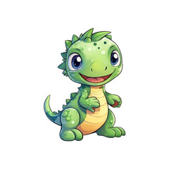 Fototapeta premium A green dinosaur with big eyes and a tail suitable for children's books, posters, and educational materials. Friendly and adorable character design. Generative AI