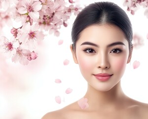 Fototapeta premium Asian woman with natural makeup, standing under cherry blossom trees, soft pink petals enhancing her beauty