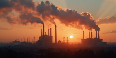 a factory with smokestacks emitting thick clouds of air pollution against a sunset sky