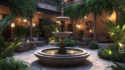 A serene courtyard with a stone fountain
