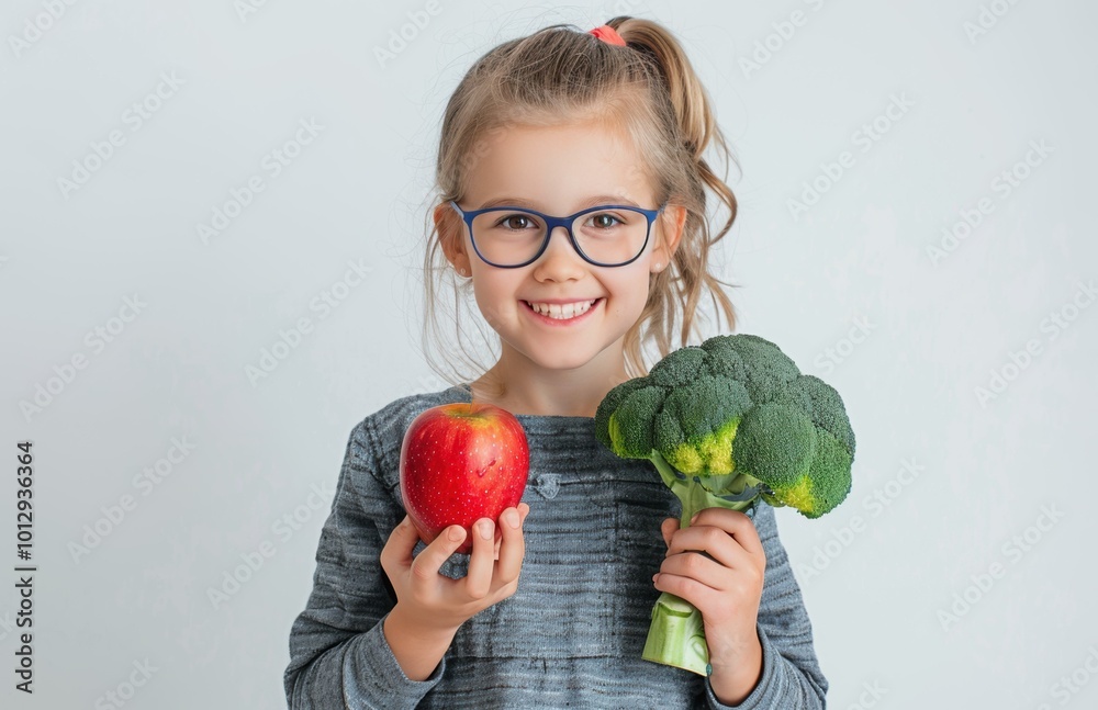 Sticker Little girl holding an apple and broccoli. AI.