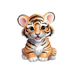 Fototapeta premium A smiling baby tiger is sitting. Perfect for wildlife conservation, children's books, or educational materials. Generative AI
