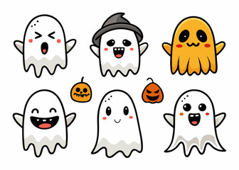 Expressive Cartoon Ghosts' Set of Cartoon Ghosts' Doodle Ghouls Collection' Vibrant Cartoon Ghosts Set' Fun Cartoon Ghosts Doodles, Doodle Ghouls with Emoticons & Fun Faces!