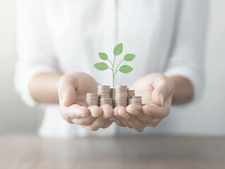A hand holding coins with a small plant growing, symbolizing financial growth and investment in sustainability.