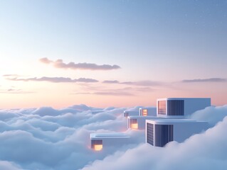 A serene landscape featuring modern buildings emerging from soft clouds under a beautiful sunrise, evoking tranquility and inspiration.
