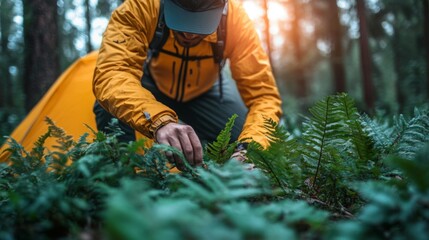 Camper Adjusting Tent Among Lush Ferns