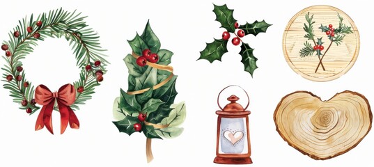 Festive décor with holly, wreaths, lanterns, and wooden Christmas elements