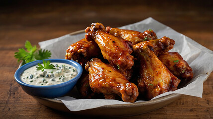 Spicy and tangy chicken wings, often served with ranch or blue cheese dressing and celery sticks.