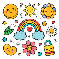 Whimsical Rainbow Kids' Cute Cartoon Art' Vibrant Rainbow Kids' Delightful Cartoon Illustrations' Charming Cartoon Illustrations of Rainbow Kids and Colorful Pencils