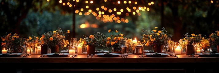 Romantic Dinner Table Setting with Candlelight and Flowers
