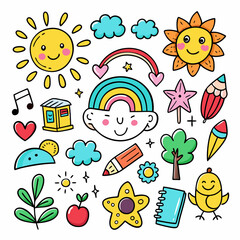 Whimsical Rainbow Kids' Cute Cartoon Art' Vibrant Rainbow Kids' Delightful Cartoon Illustrations' Charming Cartoon Illustrations of Rainbow Kids and Colorful Pencils