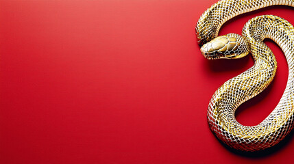 Obraz premium a modern, minimalist representation of a snake using gold leaf on a deep red canvas, symbolizing luck and prosperity