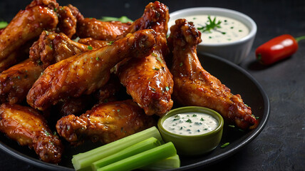 Spicy and tangy chicken wings, often served with ranch or blue cheese dressing and celery sticks.
