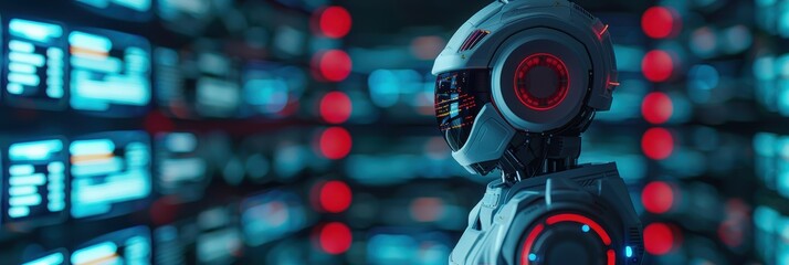 A futuristic humanoid robot with glowing red components and a reflective visor analyzing data on multiple digital screens in a control room, symbolizing advanced AI technology.