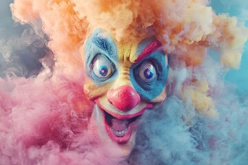 Close-up of a clown's face engulfed in colorful smoke