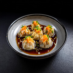 Delicious Asian Dumplings on Dark Plate
