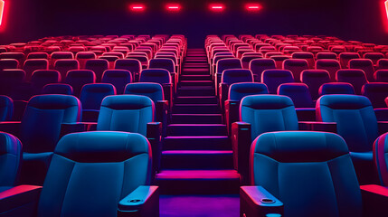Fototapeta premium Neon-lit movie theater seats in a vibrant red and blue color scheme, creating a dramatic atmosphere. Ideal for cinema and entertainment themes.