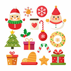 Festive Christmas Scene: Snowman, Santa, Tree, Gifts & Ornaments on White Background