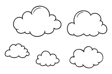 A set of five hand-drawn clouds in different sizes and shapes.