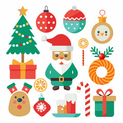 Festive Christmas Scene: Snowman, Santa, Tree, Gifts & Ornaments on White Background