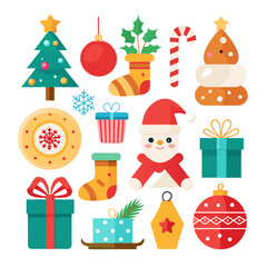 Festive Christmas Scene: Snowman, Santa, Tree, Gifts & Ornaments on White Background"