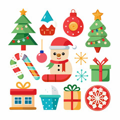Festive Christmas Scene: Snowman, Santa, Tree, Gifts & Ornaments on White Background"