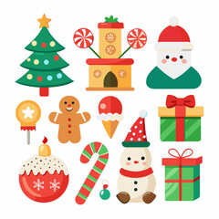 Festive Christmas Scene: Snowman, Santa, Tree, Gifts & Ornaments on White Background
