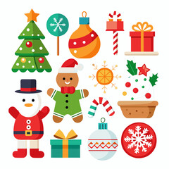 Festive Christmas Scene: Snowman, Santa, Tree, Gifts & Ornaments on White Background