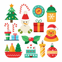 Festive Christmas Scene: Snowman, Santa, Tree, Gifts & Ornaments on White Background