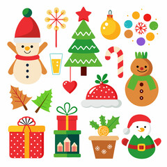 Festive Christmas Scene: Snowman, Santa, Tree, Gifts & Ornaments on White Background