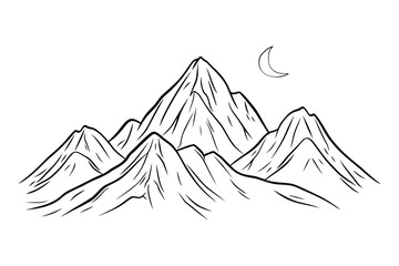 A simple line drawing of mountains with a crescent moon in the sky.