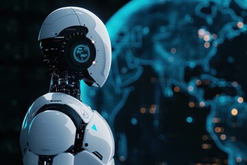 Humanoid robot with a digital interface on its head, observing a glowing digital map of the world, symbolizing advanced AI technology.