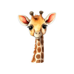 Cute giraffe head with big brown eyes, suitable for children's books, wildlife designs, nursery decor, and educational materials. Generative AI