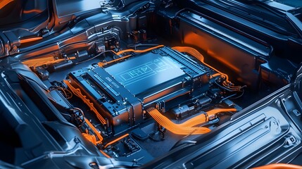 An illustration of an electric car lithium battery pack with power connections, showcasing the core of modern automotive technology in vibrant blue tones