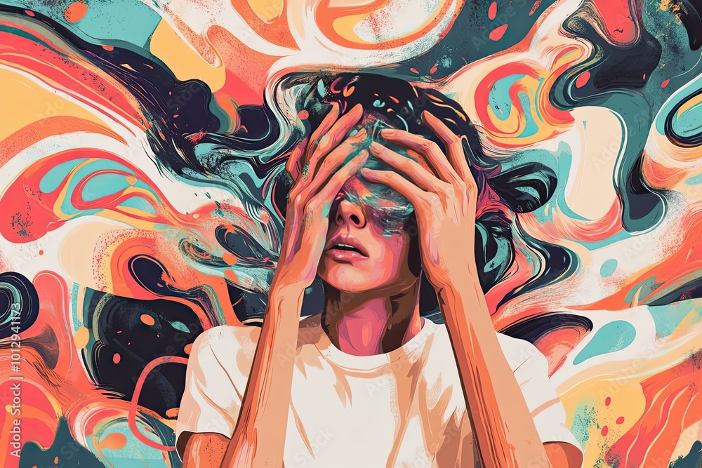 Canvas Prints A Person with Hands Over Their Eyes in a Swirling Abstract Background