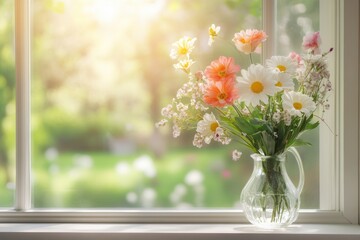 A vase filled with vibrant flowers sits on a windowsill, illuminated by warm sunlight, creating a serene and inviting atmosphere. Generative AI