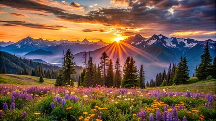 Naklejka premium Sunbeams pierce through a misty mountain landscape, painting the wildflowers in a spectrum of colors.