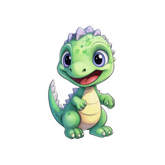 Fototapeta premium A green dinosaur with big eyes and a tail suitable for children's books, posters, and educational materials. Friendly and adorable character design. Generative AI