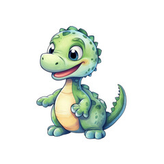 Fototapeta premium A green dinosaur with big eyes and a tail suitable for children's books, posters, and educational materials. Friendly and adorable character design. Generative AI