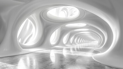 Obraz premium An abstract, futuristic white hallway with circular skylights and a reflective floor.