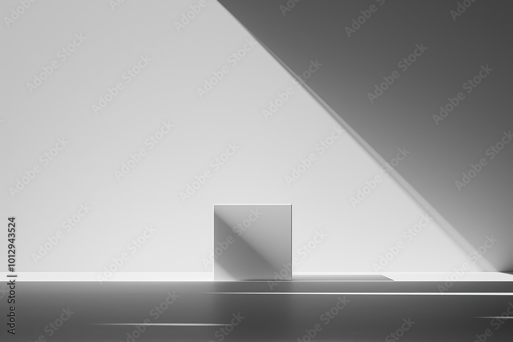 Poster minimalist composition of a white cube on a surface illuminated by sharp shadows in a modern setting