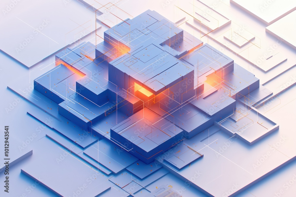 Poster abstract geometric design featuring illuminated blocks with intricate lines on a light background