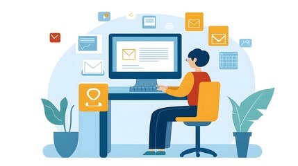 An inclusive scene showing a person using assistive technology, like a screen reader or braille keyboard, to read and respond to emails
